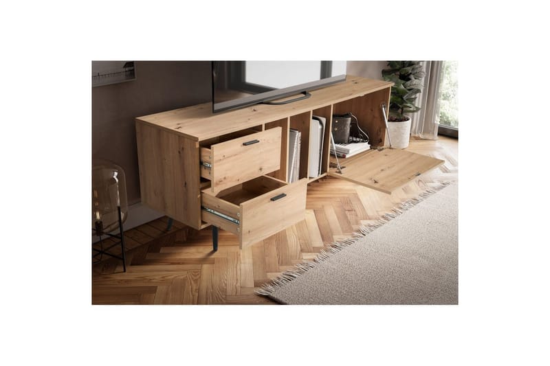 Lavbord Wohnling moderne spånplade, 2 skuffer, 1 dør, opbevaringsbakker, metalben, moderne stil Sort, Eg - Sort, Eg - Møbler - TV borde & mediemøbler - TV-borde