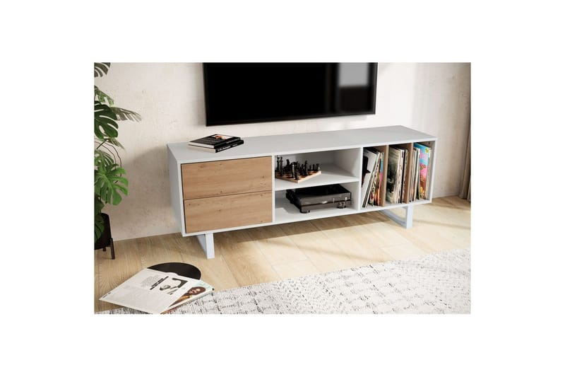 Lavbord Wohnling moderne spånplade, 2 skuffer, opbevaringsbakker, metalben, moderne stil Hvid, eg - Hvid, eg - Møbler - TV borde & mediemøbler - TV-borde