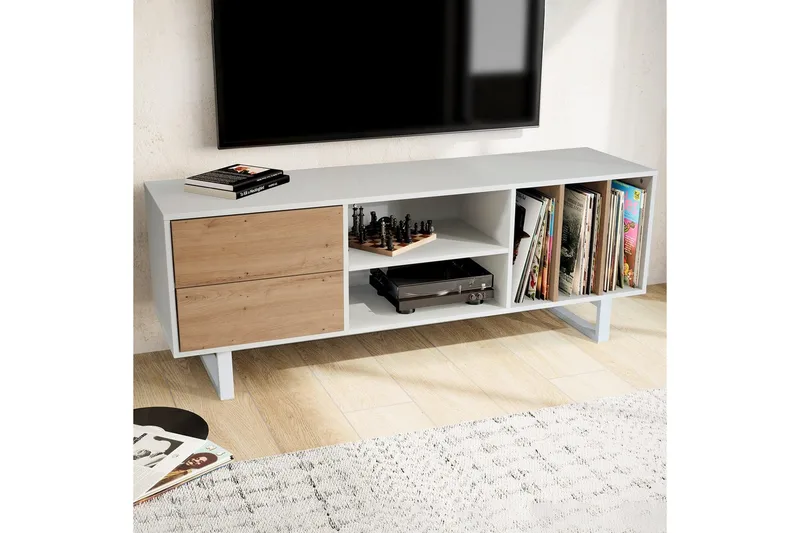 Lavbord Wohnling moderne spånplade, 2 skuffer, opbevaringsbakker, metalben, moderne stil Hvid, eg - Hvid, eg - Møbler - TV borde & mediemøbler - TV-borde