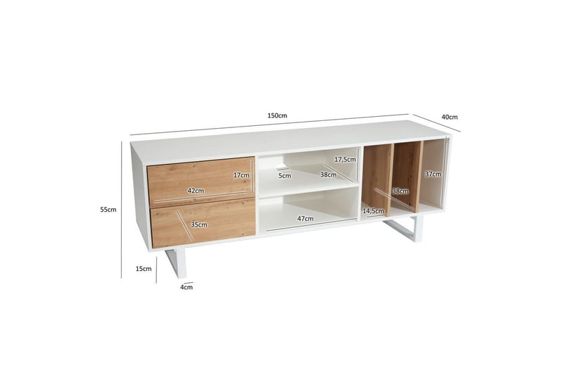 Lavbord Wohnling moderne spånplade, 2 skuffer, opbevaringsbakker, metalben, moderne stil Hvid, eg - Hvid, eg - Møbler - TV borde & mediemøbler - Mediestativ & vægbeslag