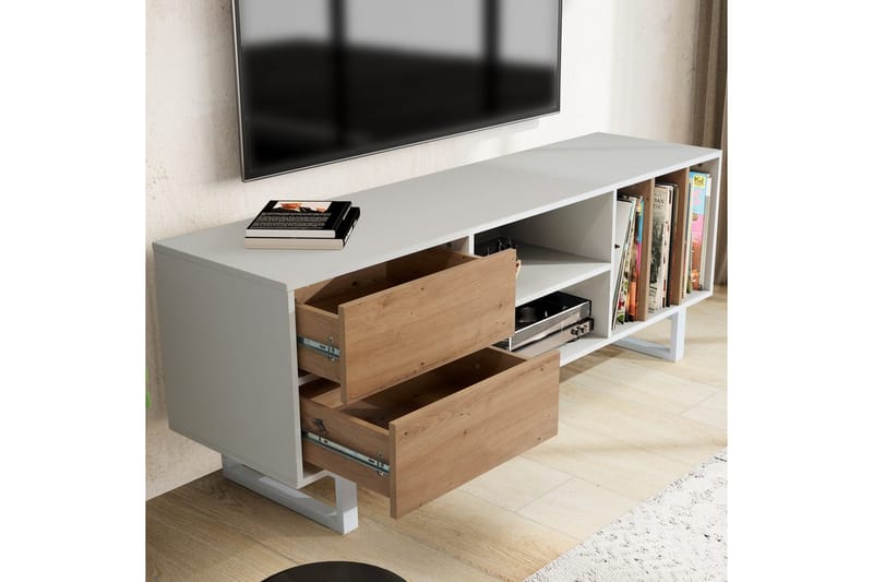 Lavbord Wohnling moderne spånplade, 2 skuffer, opbevaringsbakker, metalben, moderne stil Hvid, eg - Hvid, eg - Møbler - TV borde & mediemøbler - Mediestativ & vægbeslag