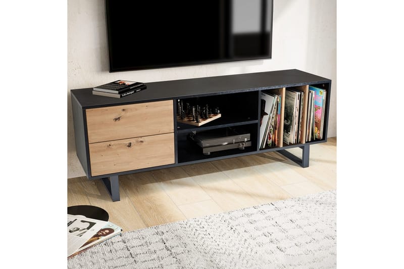 Lavbord Wohnling moderne spånplade, 2 skuffer, opbevaringsbakker, metalben, moderne stil Sort, Eg - Sort, Eg - Møbler - TV borde & mediemøbler - Mediestativ & vægbeslag