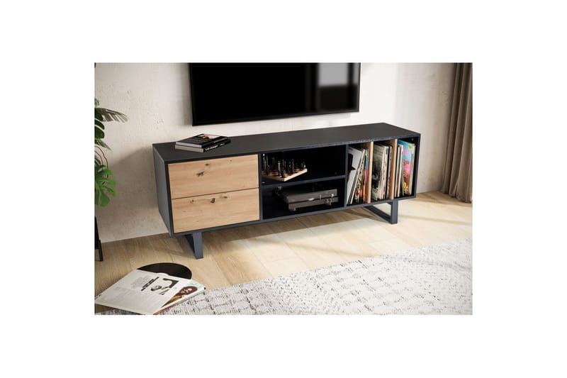 Lavbord Wohnling moderne spånplade, 2 skuffer, opbevaringsbakker, metalben, moderne stil Sort, Eg - Sort, Eg - Møbler - TV borde & mediemøbler - Mediestativ & vægbeslag