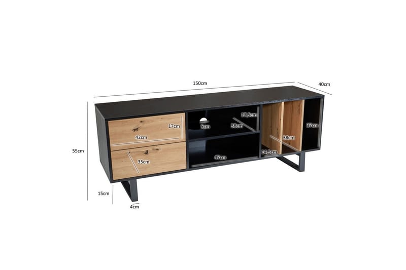 Lavbord Wohnling moderne spånplade, 2 skuffer, opbevaringsbakker, metalben, moderne stil Sort, Eg - Sort, Eg - Møbler - TV borde & mediemøbler - Mediestativ & vægbeslag