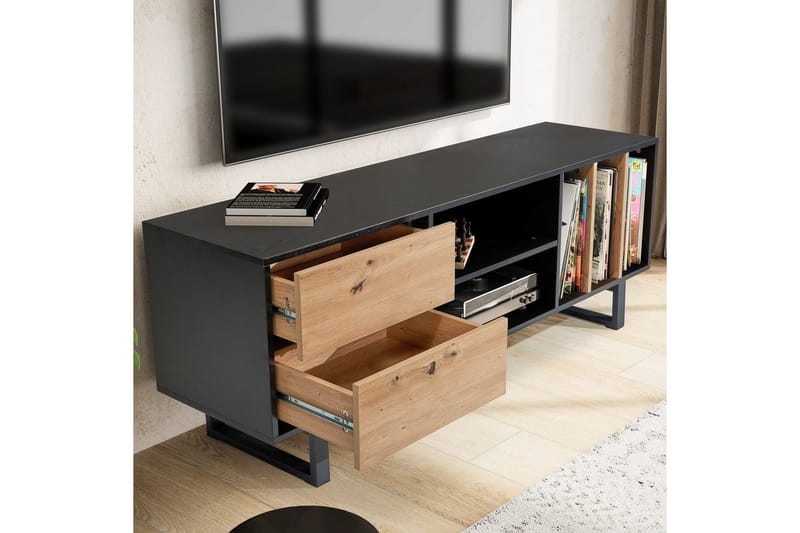 Lavbord Wohnling moderne spånplade, 2 skuffer, opbevaringsbakker, metalben, moderne stil Sort, Eg - Sort, Eg - Møbler - TV borde & mediemøbler - Mediestativ & vægbeslag