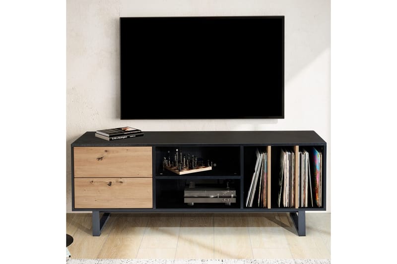 Lavbord Wohnling moderne spånplade, 2 skuffer, opbevaringsbakker, metalben, moderne stil Sort, Eg - Sort, Eg - Møbler - TV borde & mediemøbler - Mediestativ & vægbeslag