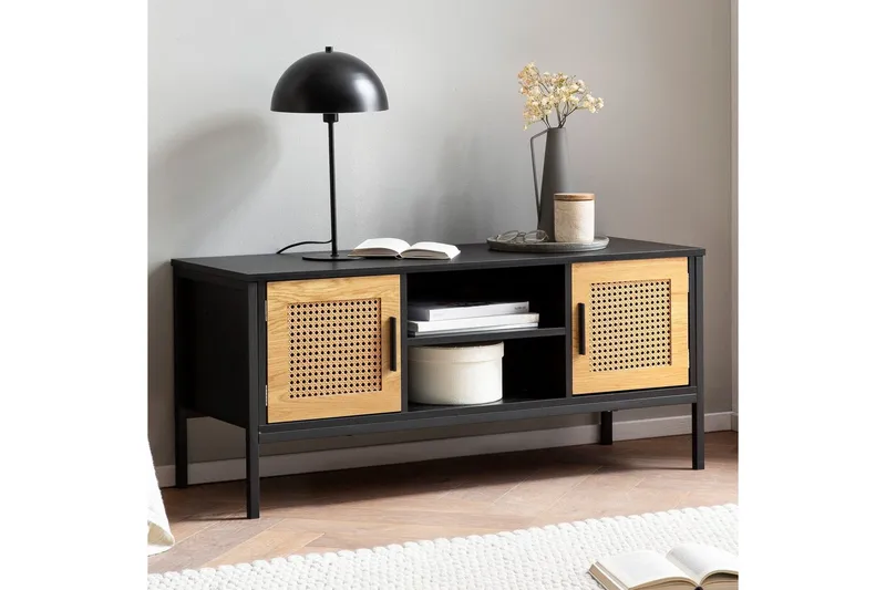 Lavbord Wohnling Spånplade folieret med 2 skydedøre, wienerflet, moderne stil Sort, Eg - Sort, Eg - Møbler - TV borde & mediemøbler - TV-borde