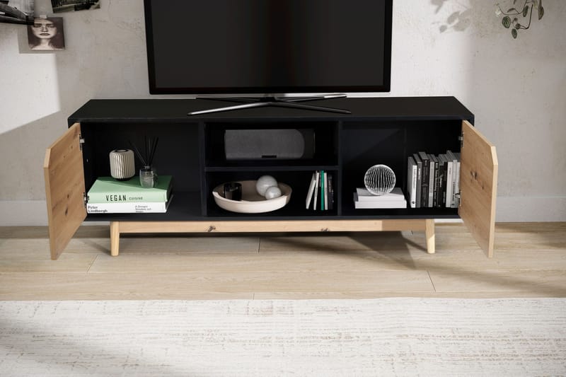 Lavt TV-møbel Wohnling Eg, sort, 150 cm - Sort med egetræsfarvede fronter/ben - Møbler - TV borde & mediemøbler - TV-borde