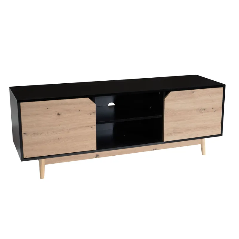 Lavt TV-møbel Wohnling Eg, sort, 150 cm, Sort med egetræsfarvede fronter/ben
