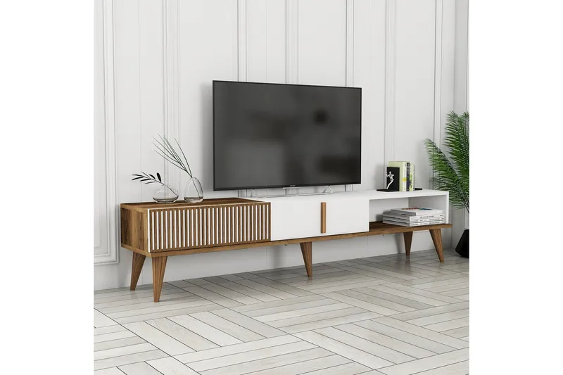 Lissione Gulvstående Tv-bord 180 cm med Opbevaring i Træ og Valnøddeudseende - Brun|Hvid - Møbler - TV borde & mediemøbler - TV-borde