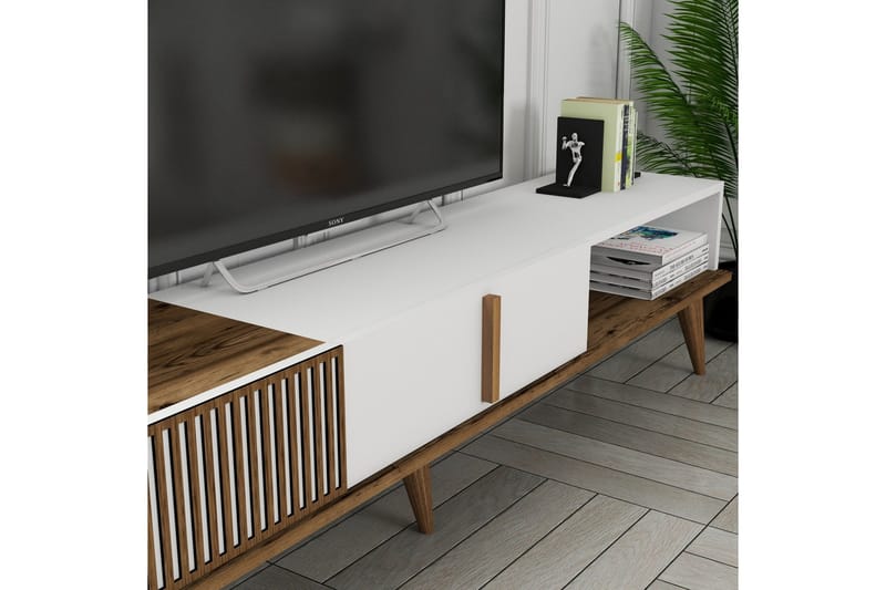 Lissione Gulvstående Tv-bord 180 cm med Opbevaring i Træ og Valnøddeudseende - Brun|Hvid - Møbler - TV borde & mediemøbler - TV-borde