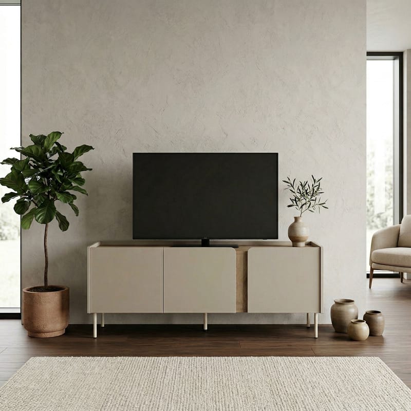 Lomar TV-bænk 140x53,9x35,5 cm - Sandstone og naturlig eg - Møbler - TV borde & mediemøbler - TV-borde