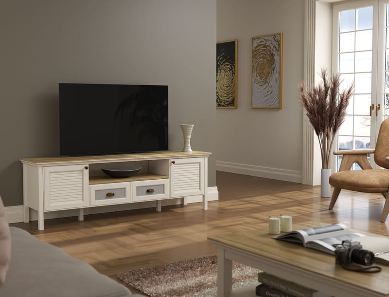 Lopira TV-bænk 180 cm - Creme, eg, grå - Møbler - TV borde & mediemøbler - Mediestativ & vægbeslag