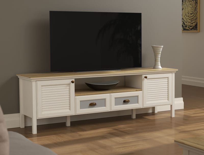 Lopira TV-bænk 180 cm - Creme, eg, grå - Møbler - TV borde & mediemøbler - Mediestativ & vægbeslag