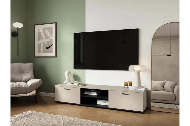 Lyrosen Gulvstående TV-bænk 180 cm med Opbevaring i Malet Træ - Beige - Møbler - TV borde & mediemøbler - TV-borde