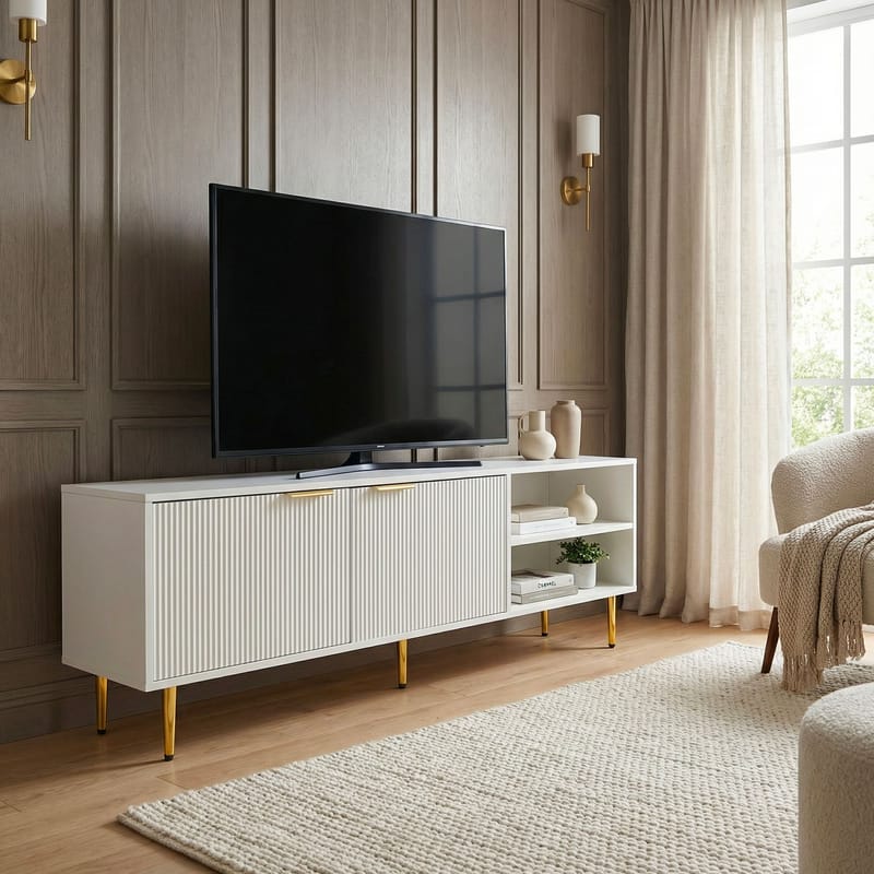 Morela TV-bænk 150 cm - Hvid med guldfarvede detaljer - Møbler - TV borde & mediemøbler - TV-borde