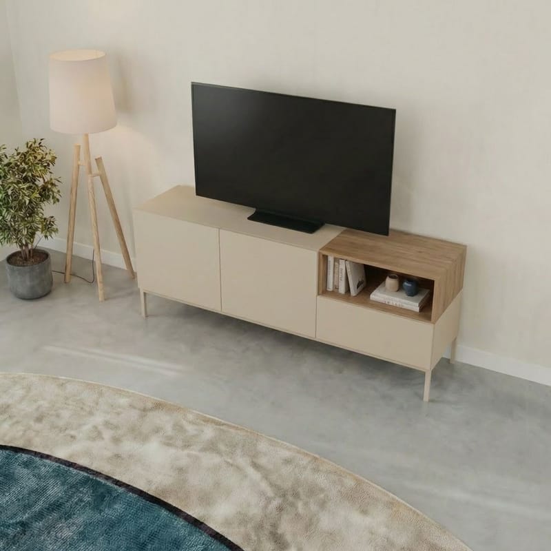 Morlen TV-bænk 140 cm - Sandstone og naturlig eg - Møbler - TV borde & mediemøbler - TV-borde