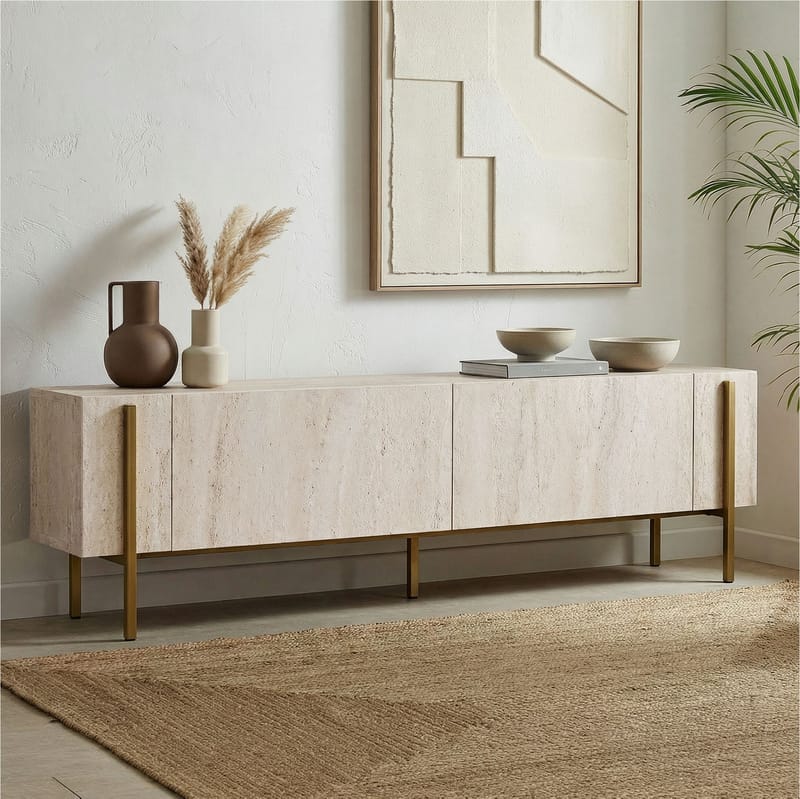 Nexus TV-bænk 180 cm - Travertin og guld - Møbler - TV borde & mediemøbler - Mediestativ & vægbeslag