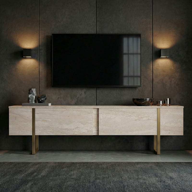 Nopira TV-bænk 180 cm - Travertin og guld - Møbler - TV borde & mediemøbler - Mediestativ & vægbeslag