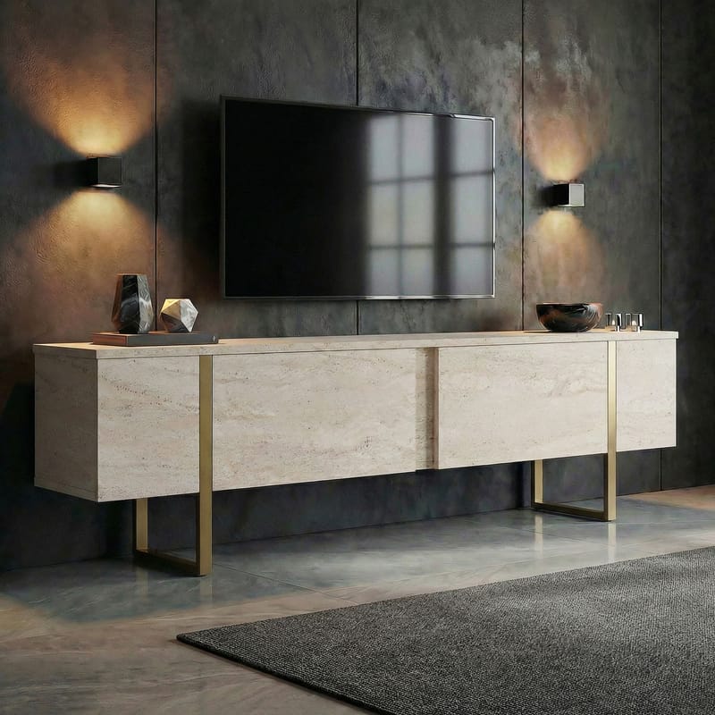 Nopira TV-bænk 180 cm - Travertin/guld - Møbler - TV borde & mediemøbler - TV-borde
