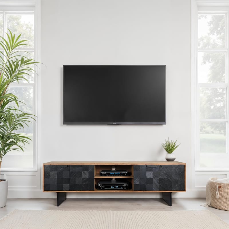 Olvian tv-bænk 150 cm i massivt akacietræ med fronter i stenlook og metal - Møbler - TV borde & mediemøbler - TV-borde