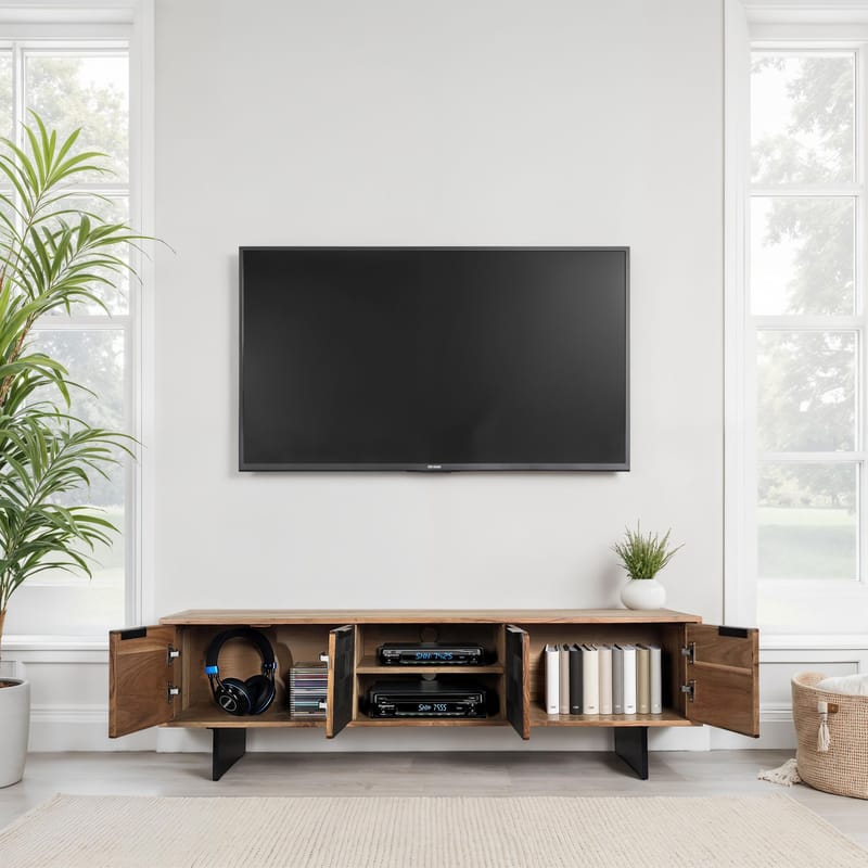 Olvian tv-bænk 150 cm i massivt akacietræ med fronter i stenlook og metal - Møbler - TV borde & mediemøbler - TV-borde