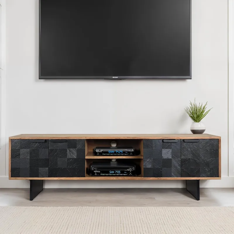 Olvian tv-bænk 150 cm i massivt akacietræ med fronter i stenlook og metal - Møbler - TV borde & mediemøbler - TV-borde