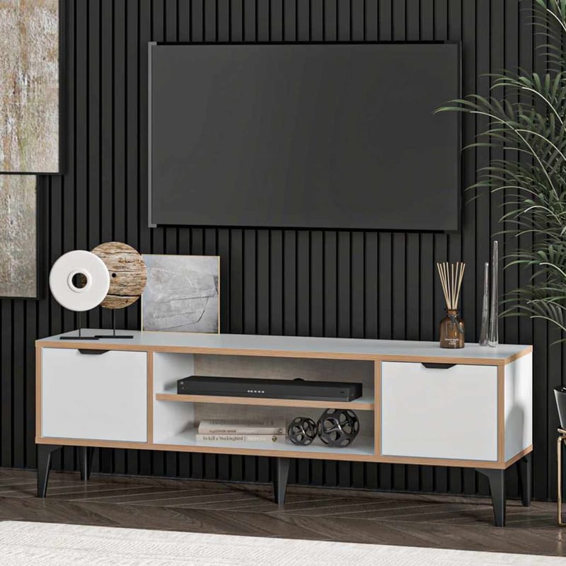 Olyros Tv-bord 140 cm med Opbevaring i Træ med Metalben - Hvid - Møbler - TV borde & mediemøbler - TV-borde