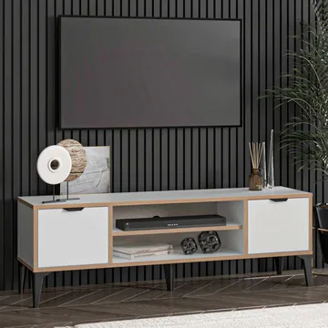 Olyros Tv-bord 140 cm med Opbevaring i Træ med Metalben - Hvid - Møbler - TV borde & mediemøbler - TV-borde