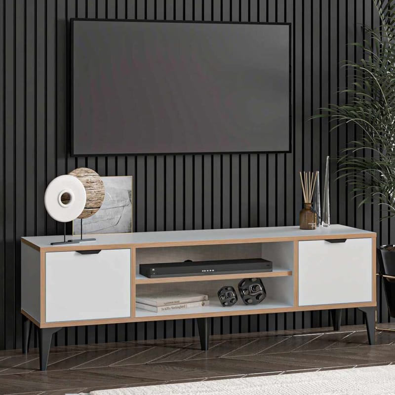 Olyros Tv-bord 140 cm med Opbevaring i Træ med Metalben - Hvid - Møbler - TV borde & mediemøbler - TV-borde
