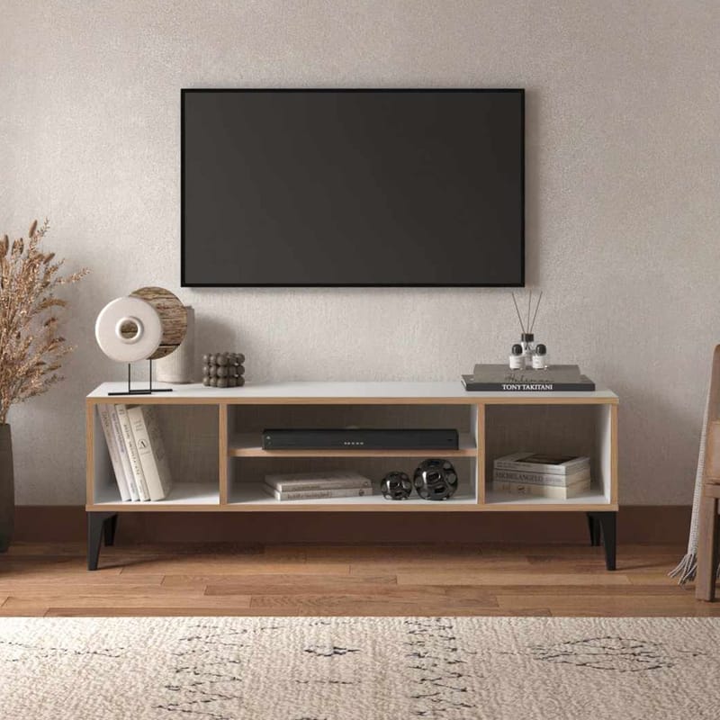 Olyros Tv-bord 140 cm med Opbevaring i Træ med Metalben - Hvid - Møbler - TV borde & mediemøbler - TV-borde