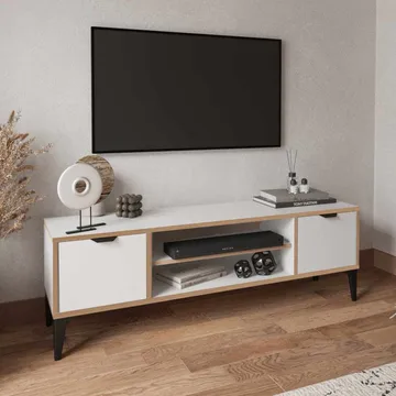 Olyros Tv-bord 140 cm med Opbevaring i Træ med Metalben - Hvid - Møbler - TV borde & mediemøbler - TV-borde