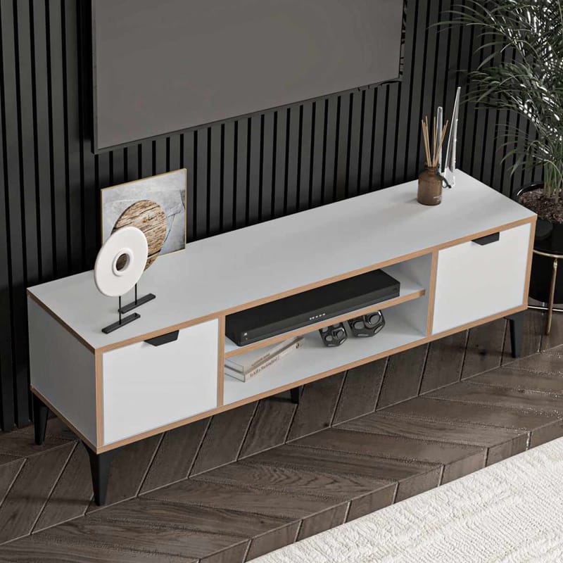 Olyros Tv-bord 140 cm med Opbevaring i Træ med Metalben - Hvid - Møbler - TV borde & mediemøbler - TV-borde