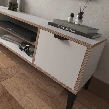 Olyros Tv-bord 140 cm med Opbevaring i Træ med Metalben - Hvid - Møbler - TV borde & mediemøbler - TV-borde
