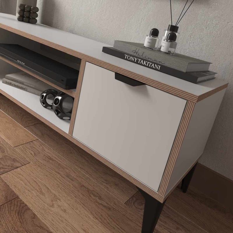 Olyros Tv-bord 140 cm med Opbevaring i Træ med Metalben - Hvid - Møbler - TV borde & mediemøbler - TV-borde