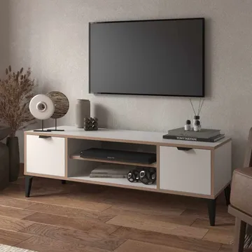 Olyros Tv-bord 140 cm med Opbevaring i Træ med Metalben - Hvid - Møbler - TV borde & mediemøbler - TV-borde