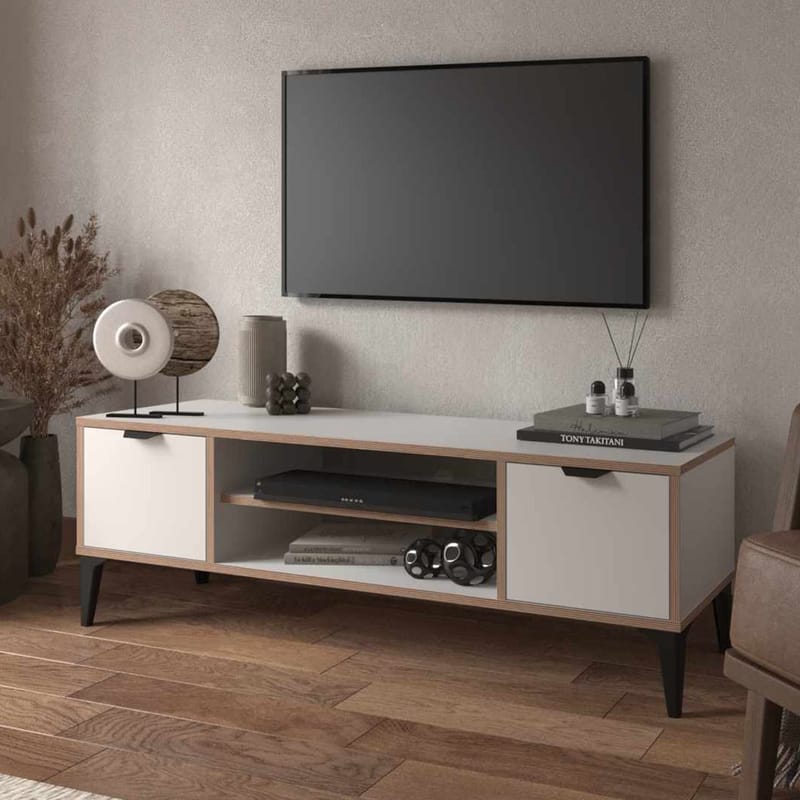 Olyros Tv-bord 140 cm med Opbevaring i Træ med Metalben - Hvid - Møbler - TV borde & mediemøbler - TV-borde