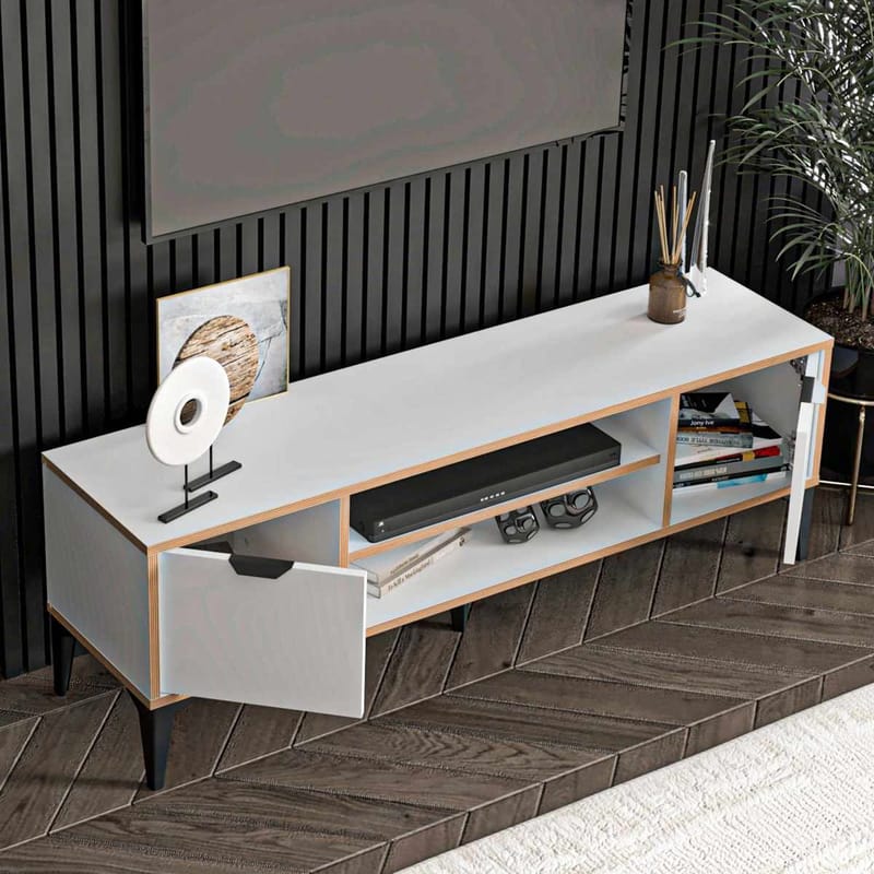 Olyros Tv-bord 140 cm med Opbevaring i Træ med Metalben - Hvid - Møbler - TV borde & mediemøbler - TV-borde