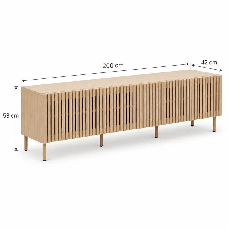 Peyra Ribbet Tv-bord 200 cm med Opbevaring, Træ- og Egetræsudseende - Natur - Møbler - TV borde & mediemøbler - TV-borde