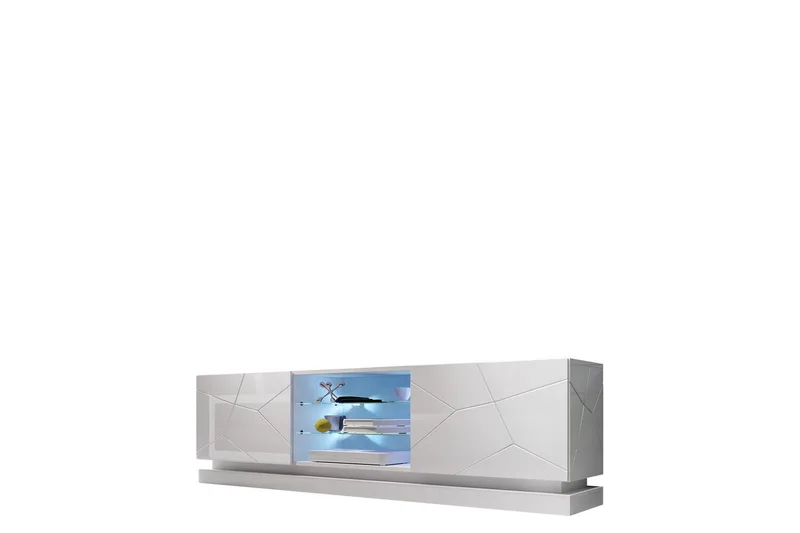Qiu Fritstående Tv-bord 200 cm med Opbevaring i Lakeret Træ, Hvid