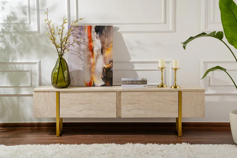 Serenity Tv-bænk 180x30 cm - Travertin/Guld - Møbler - TV borde & mediemøbler - TV-borde
