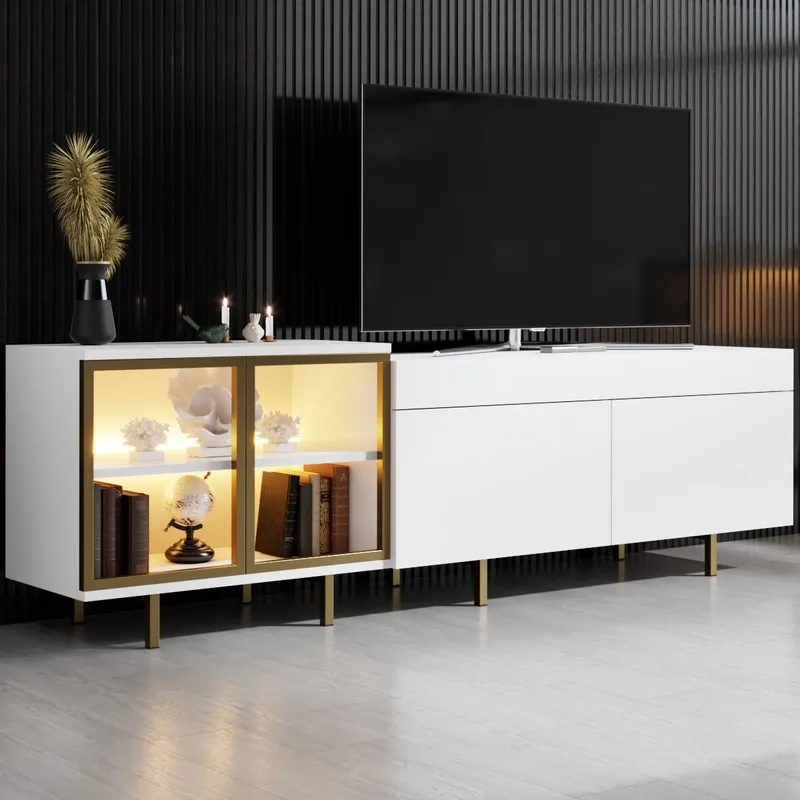 Seyring Fritstående Tv-bord 190 cm med Opbevaring i Lyst Træ - Hvid - Møbler - TV borde & mediemøbler - TV-borde