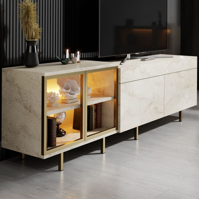 Seyring TV-bænk 190 cm - Travertin og guld - Møbler - TV borde & mediemøbler - TV-borde