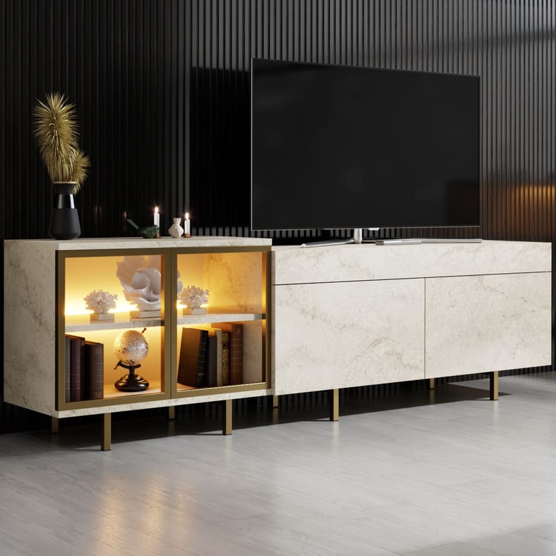 Seyring TV-bænk 190 cm - Travertin og guld - Møbler - TV borde & mediemøbler - TV-borde