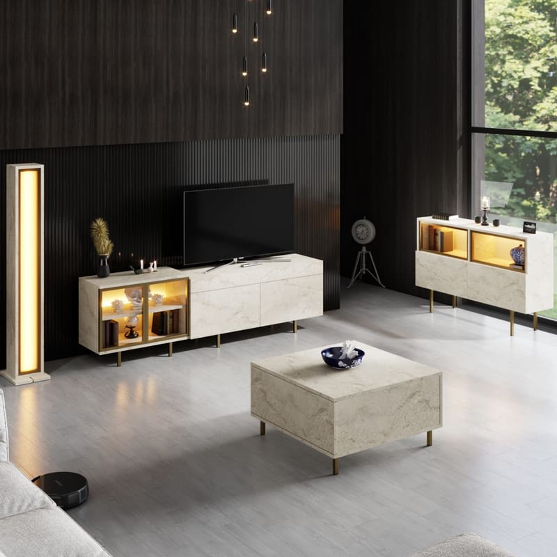 Seyring TV-bænk 190 cm - Travertin/guld - Møbler - TV borde & mediemøbler - TV-borde
