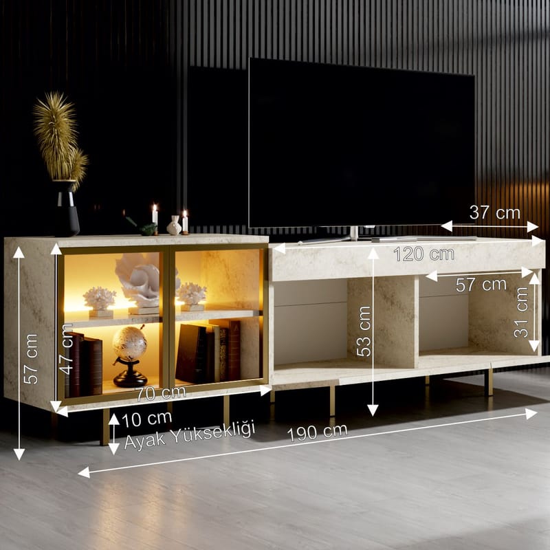 Seyring TV-bænk 190 cm - Travertin/guld - Møbler - TV borde & mediemøbler - TV-borde