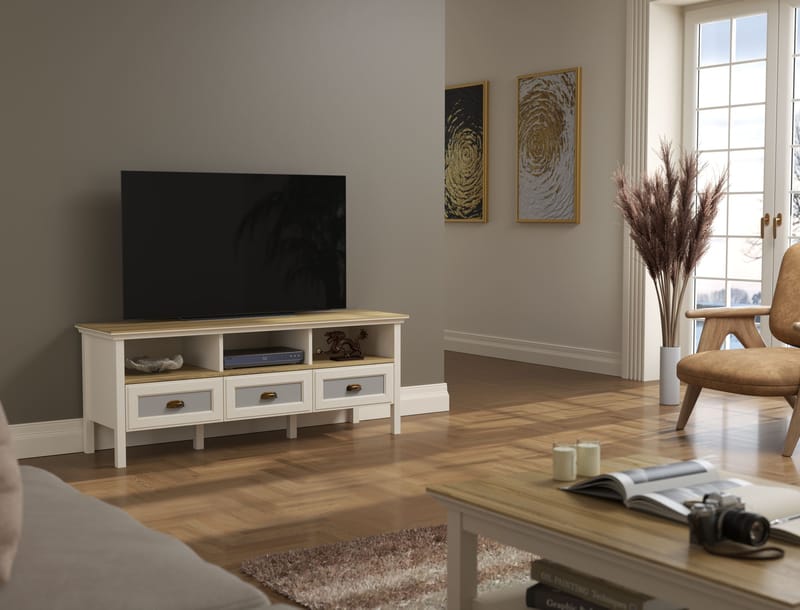Sopira TV-bænk 150 cm - Creme, eg og grå - Møbler - TV borde & mediemøbler - Mediestativ & vægbeslag