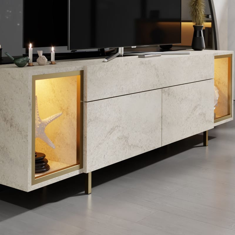 Sosan TV-bænk 180x55x32 cm - Travertin og guld - Møbler - TV borde & mediemøbler - TV-borde