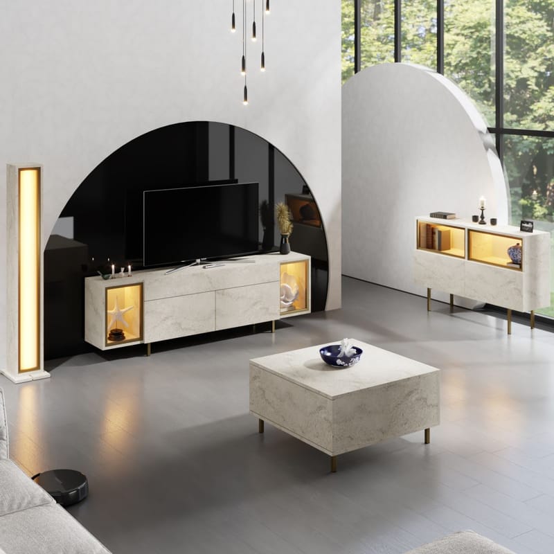 Sosan TV-bænk 180x55x32 cm - Travertin og guld - Møbler - TV borde & mediemøbler - TV-borde