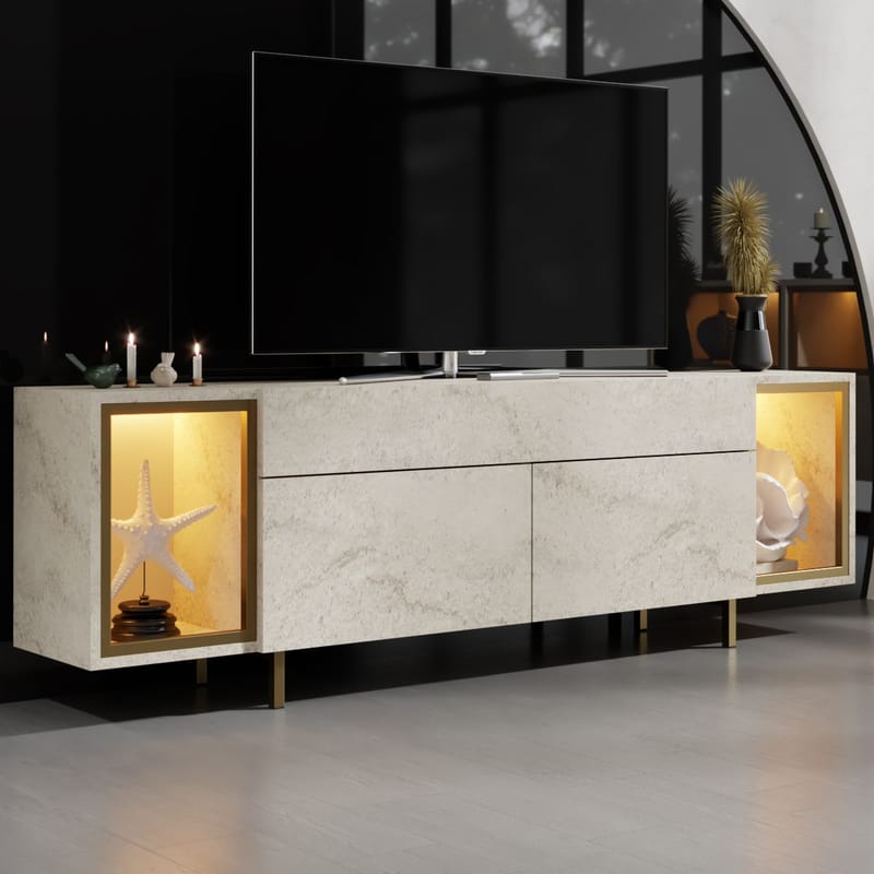 Sosan TV-bænk 180x55x32 cm - Travertin og guld - Møbler - TV borde & mediemøbler - TV-borde